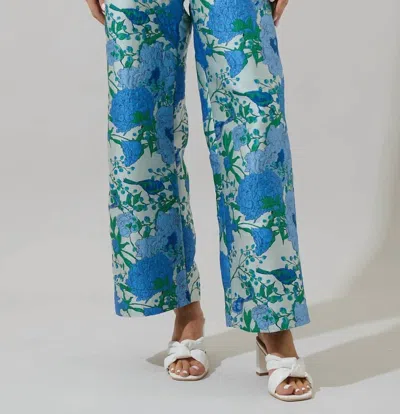 Sugarlips Willa Floral Bern Jacquard Wide Leg Pants In White/blue In Multi