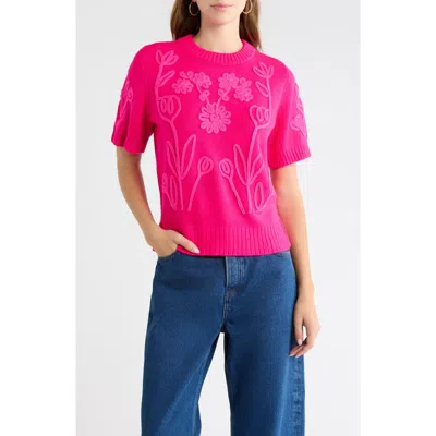 Sugarlips Winsley Floral Embroidered Sweater In Fuchsia