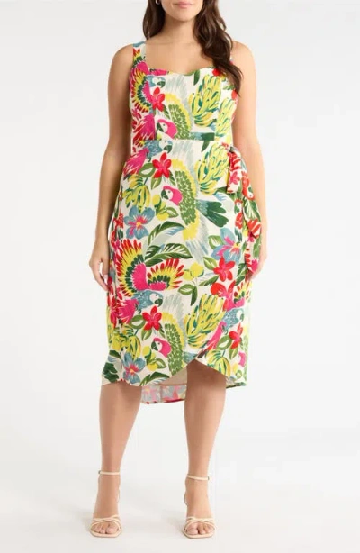 Sugarlips Wissa Tropical Beli Faux Wrap Midi Dress In Multi