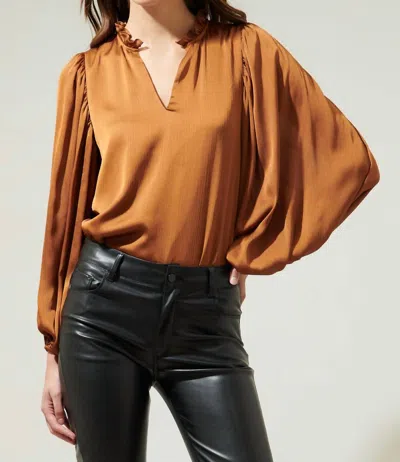 Sugarlips Women's Hathaway Split Neck Long Sleeve Blouse In Chocolate In Gold