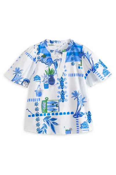 Sugarlips Women's Oliver Puff Sleeve Blouse In White-blue-green In Multi
