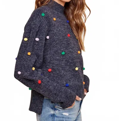 Sugarlips Women's Pom Pom Mock Neck Sweater In Navy In Blue