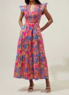 Sugarlips Ranchero Floral Sunfire Smocked Bodice Tiered Midi Dress In Blue Orange In Pink