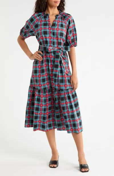 Sugarlips Wynette Plaid Tiered Cotton Midi Shirtdress In Multi