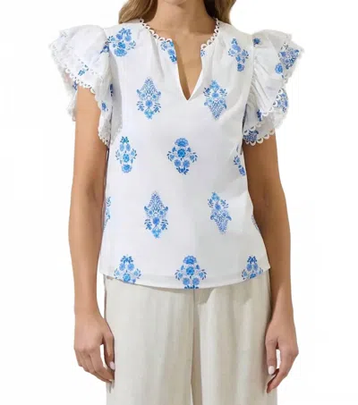 Sugarlips Yila Floral Ruffle Top In White-blues