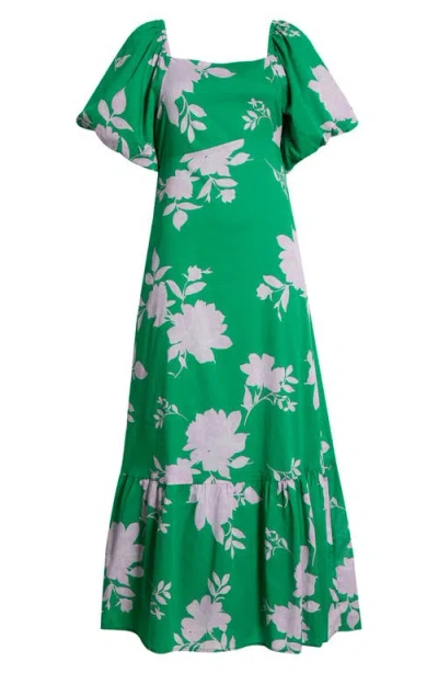 Sugarlips Zama Floral Xena Puff Sleeve Midi Dress In Green