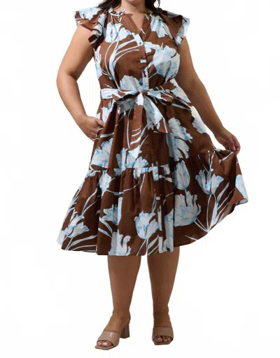 Sugarlips Zico Floral Dynamite Button Midi Dress - Plus In Brown/blue/white In Multi