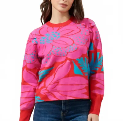 Sugarlips Zinnia Floral Gathered Shoulder Sweater In Fuchsia-blue In Pink