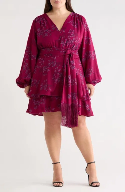 Sugarlips Zurum Floral Print Fringe Long Sleeve Dress In Pink