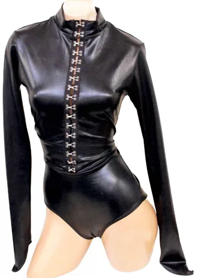 Sugarpuss Clothing Catwoman Holographic Buckle Up Bodysuit In Black