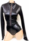 Sugarpuss Clothing Catwoman Holographic Buckle Up Bodysuit In Black In Black