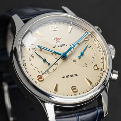 Pre-owned Sugess Seagull 40mm 1963 Luminous Gold Swan Neck X Dark Blue Leather Mechanical Watch