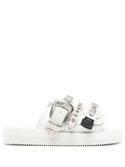Suicoke Toga Faux Leather Moto Sandals With Silver-tone Metal Detail In White
