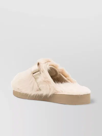 Suicoke Round Toe Faux Fur Slides In Beige