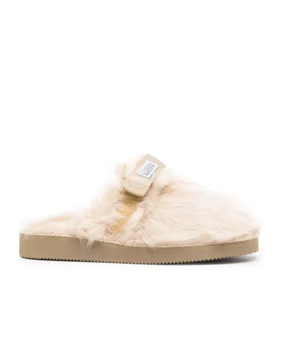 Suicoke Round Toe Faux Fur Slides In Beige