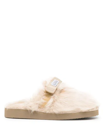 Suicoke Round Toe Faux Fur Slides In Beige