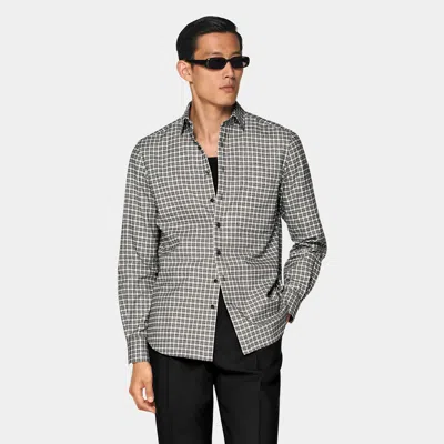 Suitsupply Black Checked Cotton Flannel Shirt In Gray