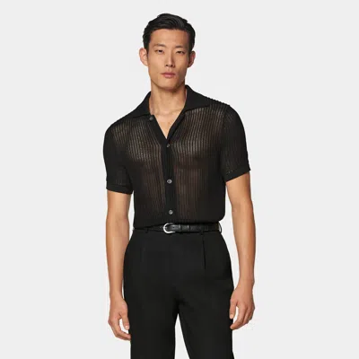 Suitsupply Black Crochet Polo Cardigan