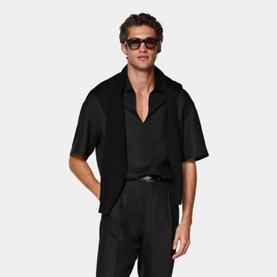 Suitsupply Black Linen Popover Shirt