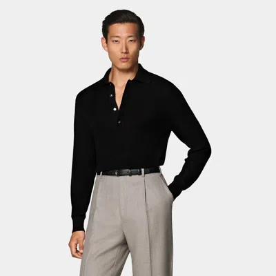 Suitsupply Black Ribbed Merino Long Sleeve Polo