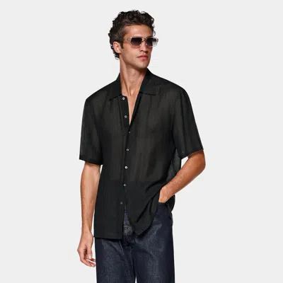 Suitsupply Black Viscose Linen Short Sleeve Shirt In Blue