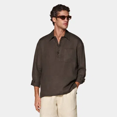 Suitsupply Dark Brown Linen Popover Shirt