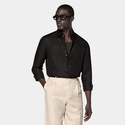 Suitsupply Dark Brown Linen Silk Overshirt In Black