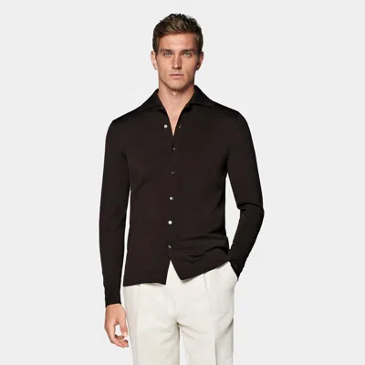 Suitsupply Dark Brown Long Sleeve Polo Cardigan In Black
