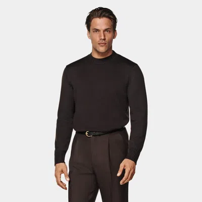 Suitsupply Dark Brown Merino Crewneck In Black