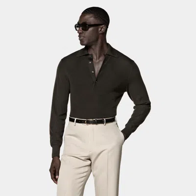 Suitsupply Dark Brown Ribbed Merino Long Sleeve Polo