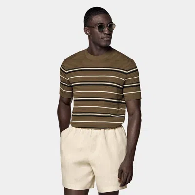 Suitsupply Dark Green Striped Jacquard Short Sleeve Crewneck