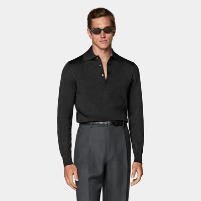 Suitsupply Dark Grey Long Sleeve Polo In Black