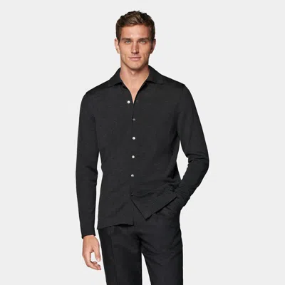 Suitsupply Dark Grey Long Sleeve Polo Cardigan In Black