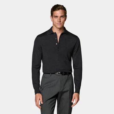 Suitsupply Dark Grey Merino Long Sleeve Polo