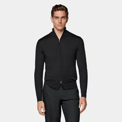 Suitsupply Dark Grey Zip Cardigan In Black
