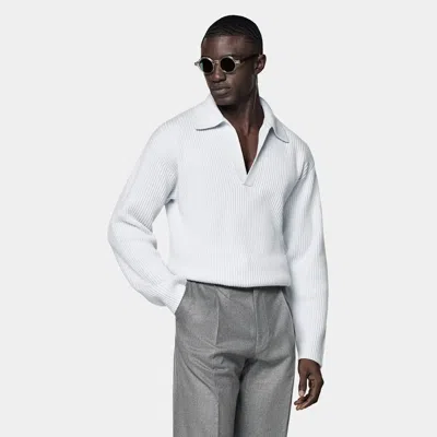 Suitsupply Light Blue Ribbed Long Sleeve Buttonless Polo