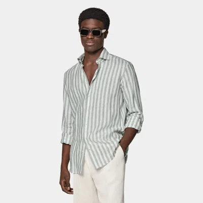 Suitsupply Light Green Striped Slim Fit Shirt In White