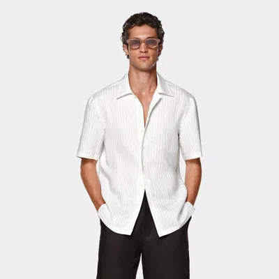 Suitsupply Light Grey Striped Linen Lyocell Short Sleeve Shirt In White