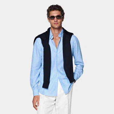 Suitsupply Mid Blue Striped Lyocell Shirt