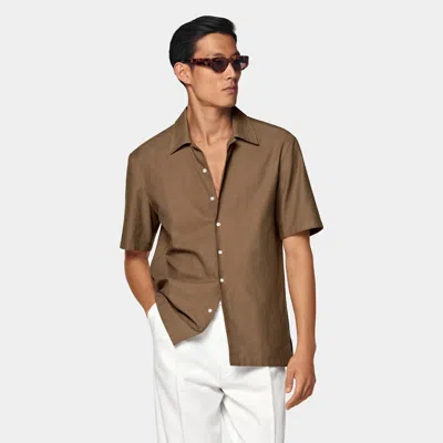 Suitsupply Mid Brown Cotton Short Sleeve Shirt