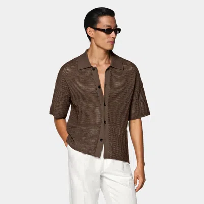 Suitsupply Mid Brown Crochet Polo Cardigan In Multi