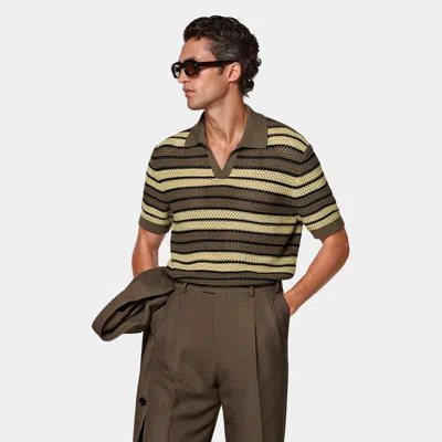 Suitsupply Mid Green Striped Crochet Buttonless Polo