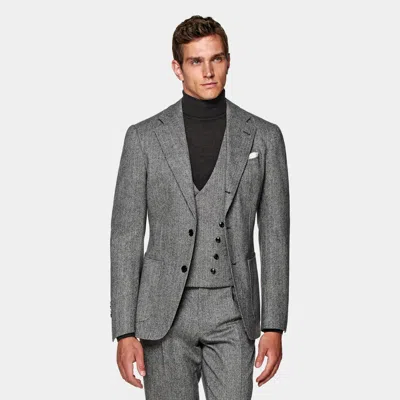 Suitsupply Mid Grey Herringbone Three-piece Havana Suit In Gray