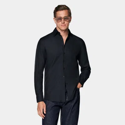 Suitsupply Navy Cotton Flannel Shirt In Black