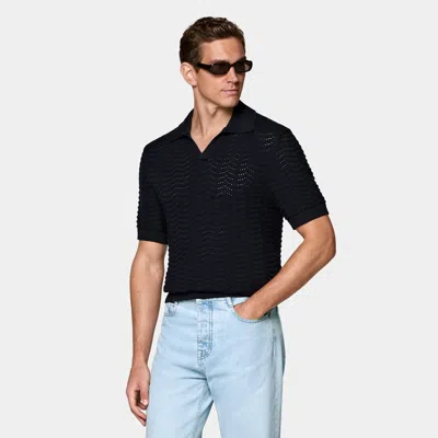 Suitsupply Navy Crochet Buttonless Polo In Black