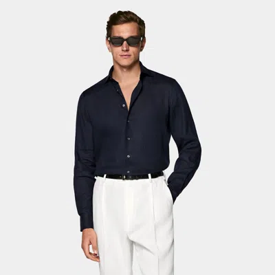 Suitsupply Navy Linen Shirt In Blue