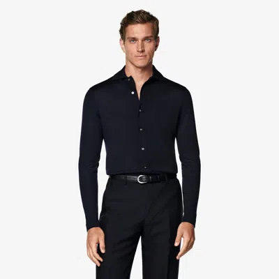 Suitsupply Navy Merino Long Sleeve Polo Cardigan In Blue