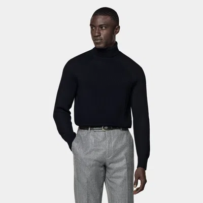 Suitsupply Navy Merino Ribbed Turtleneck In Black
