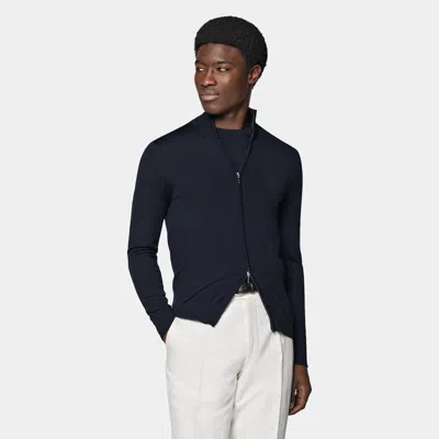 Suitsupply Navy Merino Zip Cardigan In Black