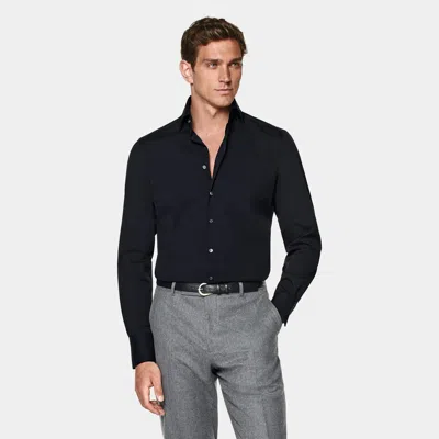Suitsupply Navy Poplin Tailored Fit Shirt In Black